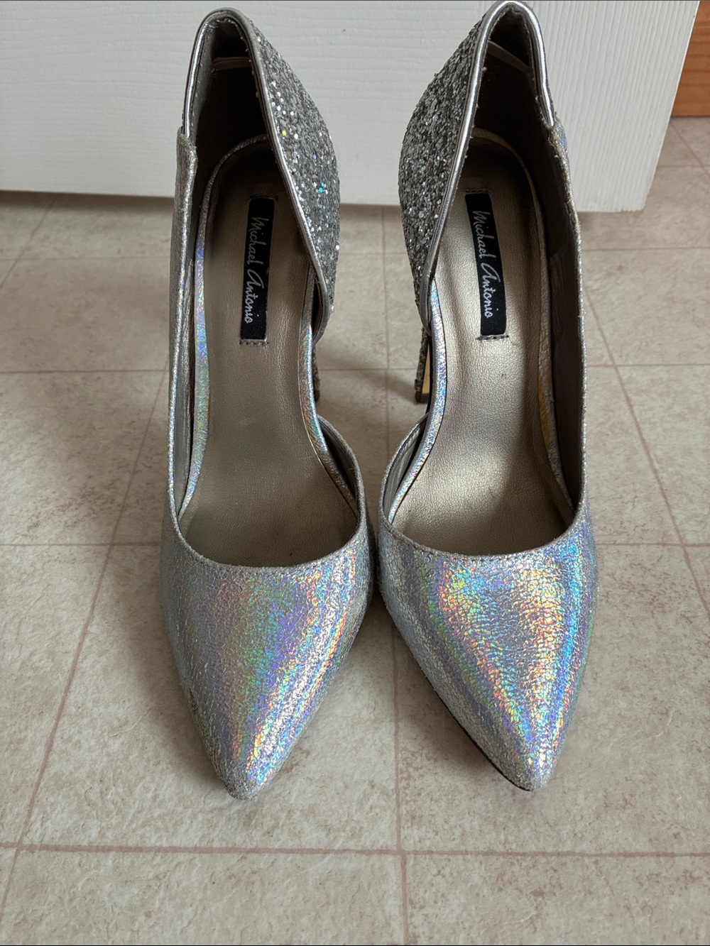 Michael Antonio Shimmering Silver Heels Size 7